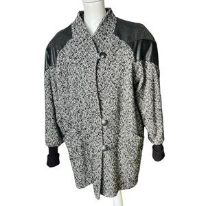VTG 80s New york girl tweed wool gray colorful coat black leather patch woman 14
